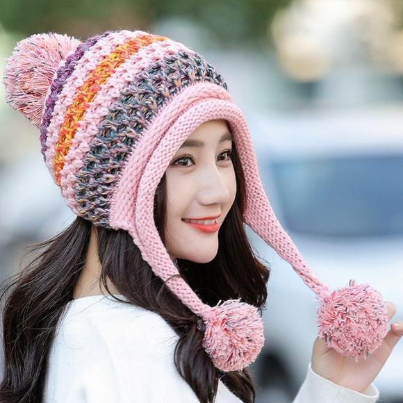Winter Colorful Knit Pom Pom Hat Fleece Lined - Picture 3 of 6